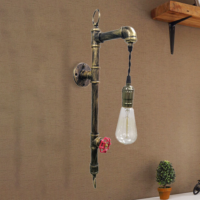 Rustic Antique Brass Pipe Wall Sconce with Industrial Iron and Hanging Bulb for Living Room