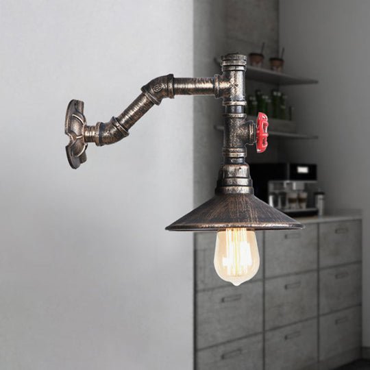 Rustic Antique Bronze Conical Wall Mount Fixture - Plumbing Pipe Design - 1 Bulb Wall Lighting