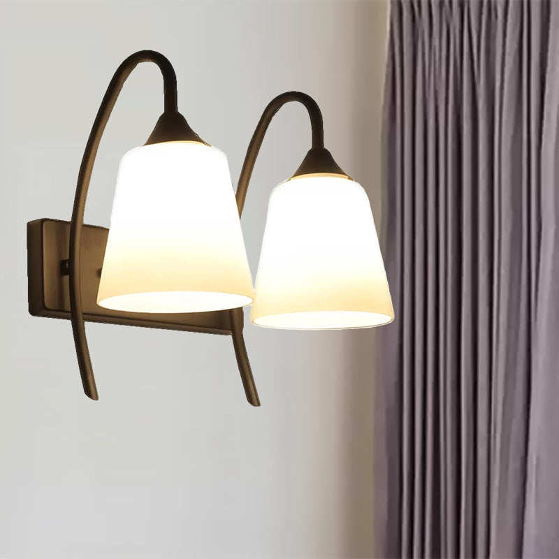 Industrial Black Tapered Wall Lamp with Frosted Glass Sconce - 2-Bulb Light Fixture for Bedroom