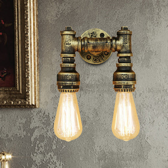 Vintage Industrial 2-Light Wall Sconce with Water Pipe Décor in Black/Antique Brass