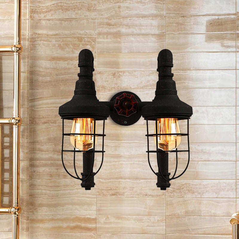 Industrial Metallic 2-Light Wall Sconce with Cage Shade and Red Valve - Black/Bronze Tubed Kitchen Lighting Fixture
