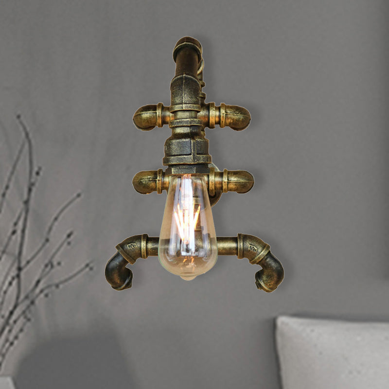 Steampunk Iron 1-Light Antique Brass Sconce with Curved Pipe – Expose Bulb Bathroom Wall Lighting