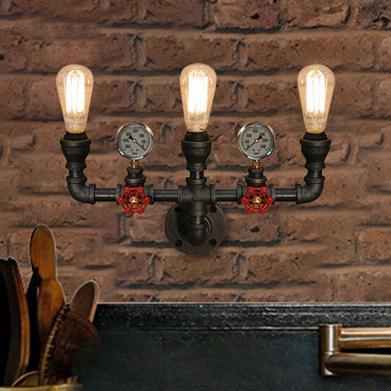 Steampunk Restaurant Wall Lighting in Black: 2/3-Lights Wall Mount with Metal Pipe and Gauge