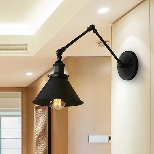 Industrial Metal Swing Arm Wall Sconce with Tapered Shade in Black - Perfect for Study Room