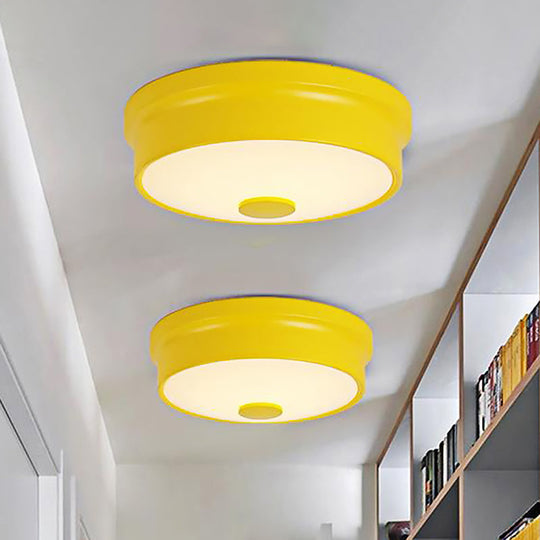 Macaron Drum Ceiling Flush Light in Metal with LED, Ideal for Kids Room, Available in Various Colors with Frosted Glass Diffuser