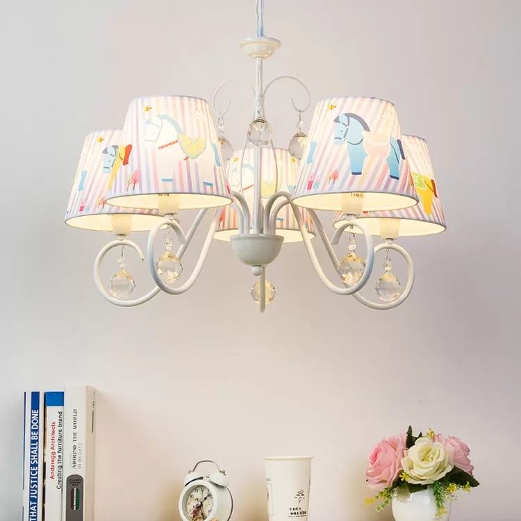 Cartoon Pony 5-Light Hanging Chandelier with Tapered White Shade for Nursing Room