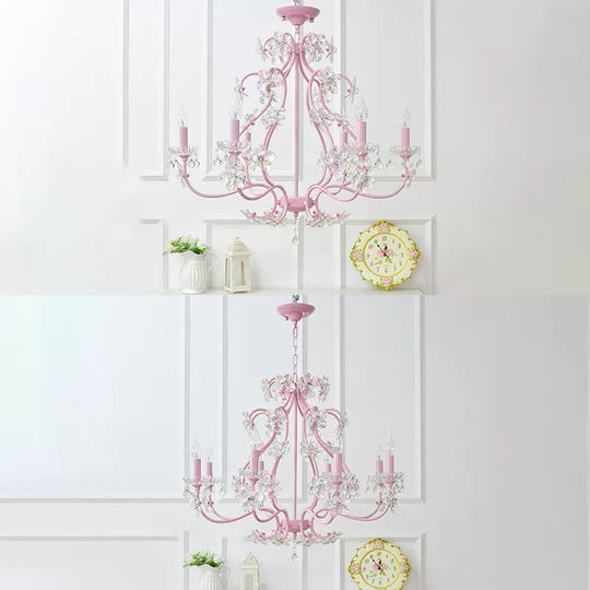 Pink Crystal Kids Metal Chandelier: Candle-shaped Hanging Light with Clear Crystals for Dining Room