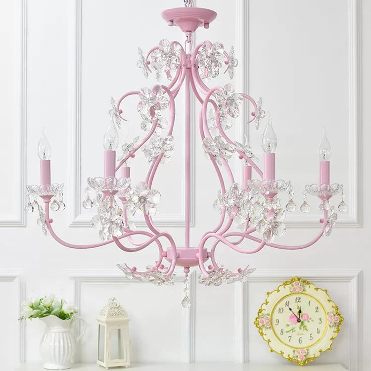 Pink Crystal Kids Metal Chandelier: Candle-shaped Hanging Light with Clear Crystals for Dining Room