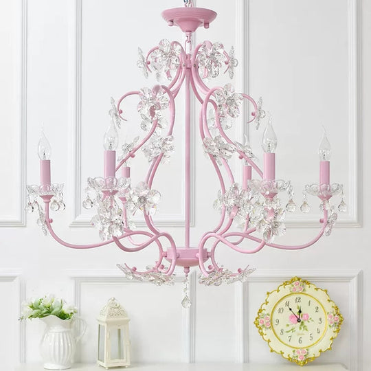 Pink Crystal Kids Metal Chandelier: Candle-shaped Hanging Light with Clear Crystals for Dining Room