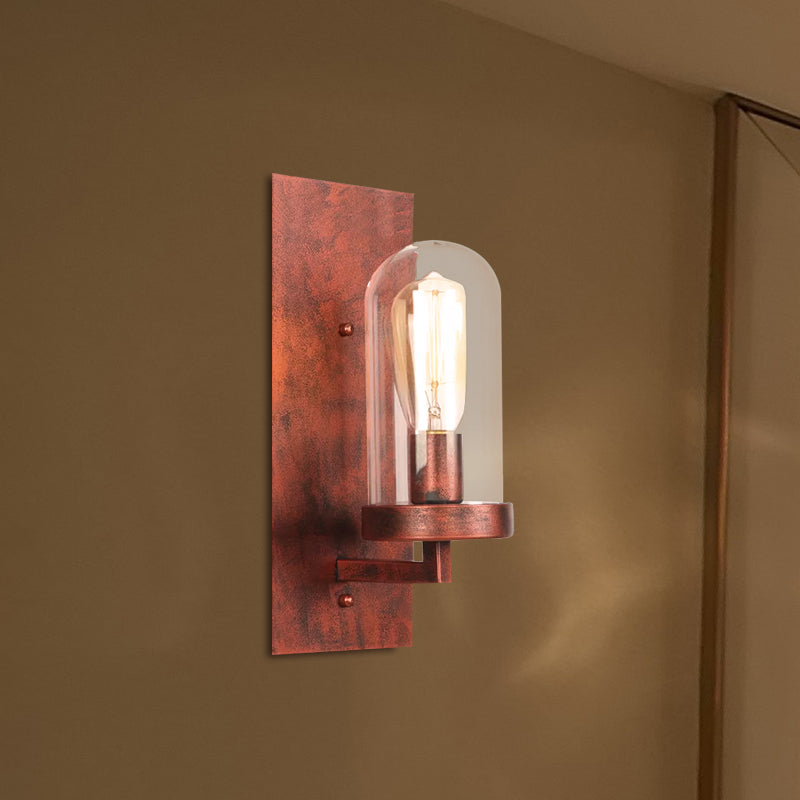 Industrial Rust Clear Glass Sconce Light Fixture for Dining Room - 1-Light Tubular Wall Lamp