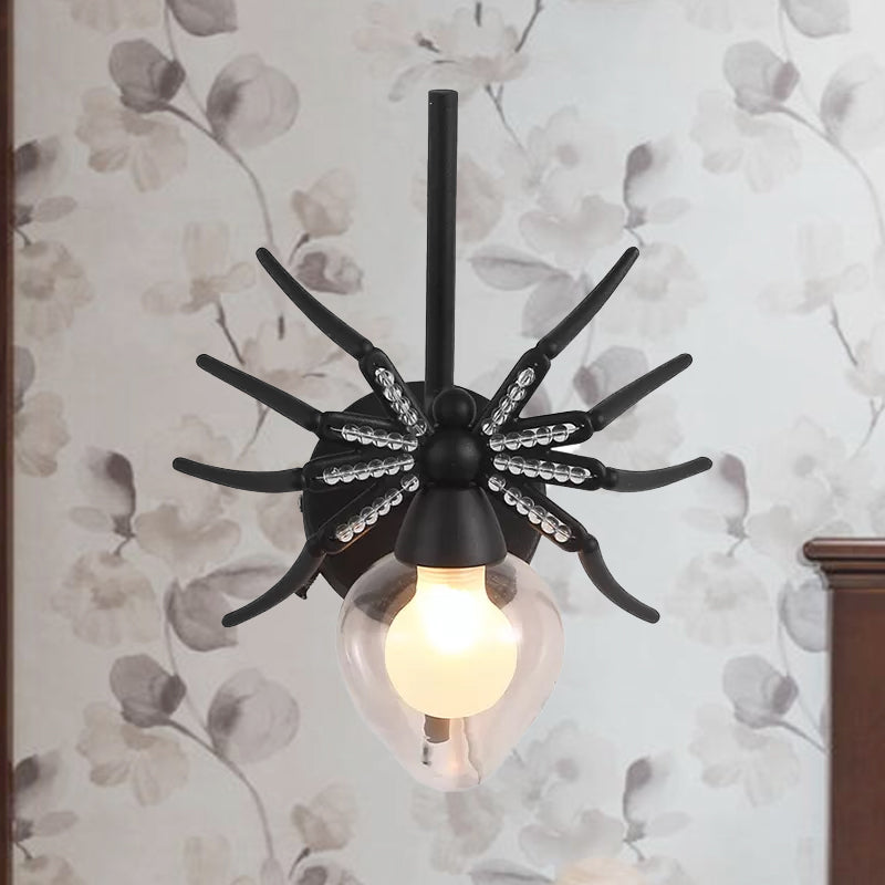 Rustic Lodge Black Spider Sconce: Metallic Mini Wall Lamp with Clear Glass Shade