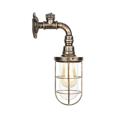 Rustic Bronze Wall Light with Wrought Iron Cage and Pipe Accents for Farmhouse Décor