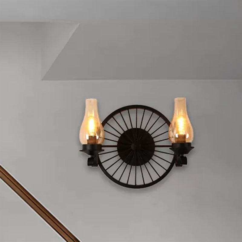 Rustic Outdoor Wall Sconce Lighting Fixture: Clear Glass Vase Shade, 2-Bulb Design with Wheel