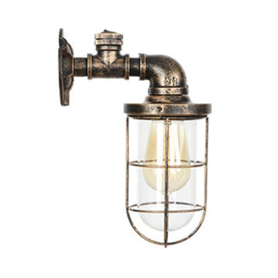 Rustic Bronze Wall Light with Wrought Iron Cage and Pipe Accents for Farmhouse Décor
