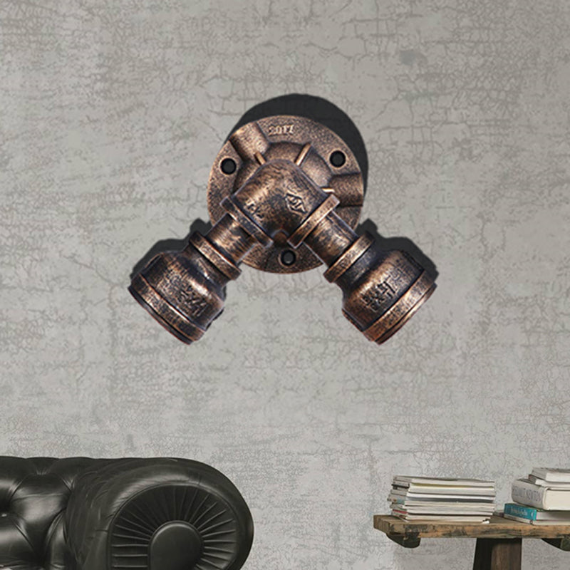 Rustic Wrought Iron Wall Sconce with 2 Heads, Pipe Shade, and Aged Bronze Finish