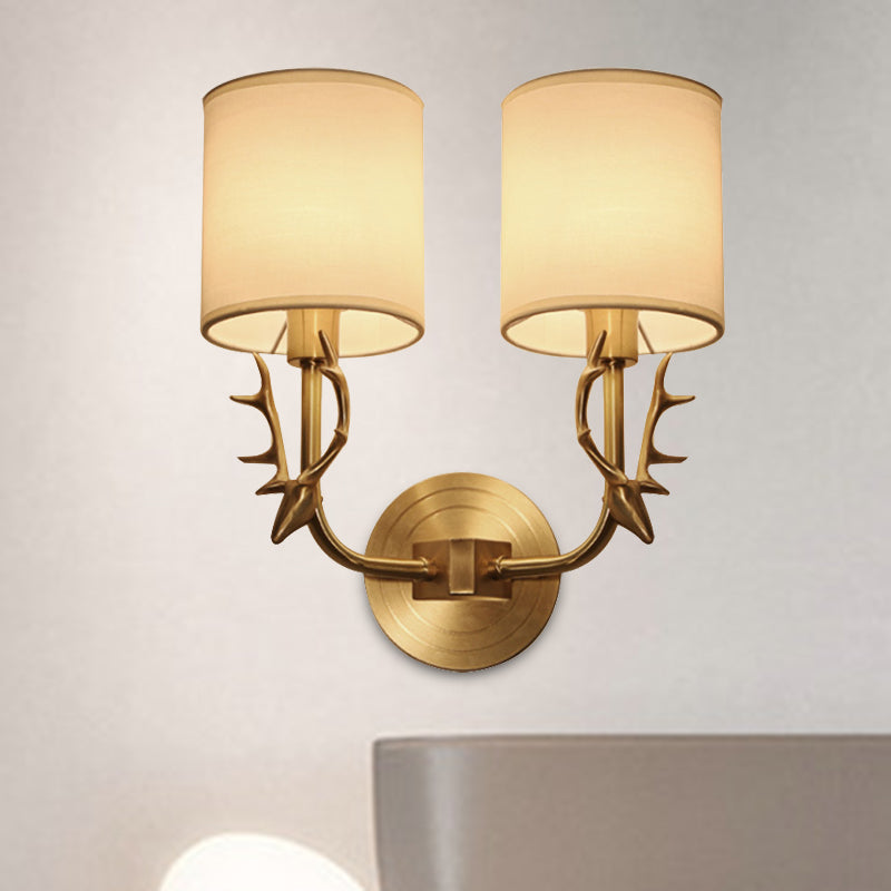 Modern 1/2 Lights Wall Sconce with Fabric Shade - Black/Gold Cylinder Wall Mount Fixture featuring Metal Antler