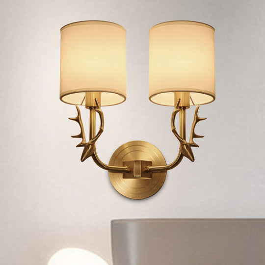 Modern 1/2 Lights Wall Sconce with Fabric Shade - Black/Gold Cylinder Wall Mount Fixture featuring Metal Antler