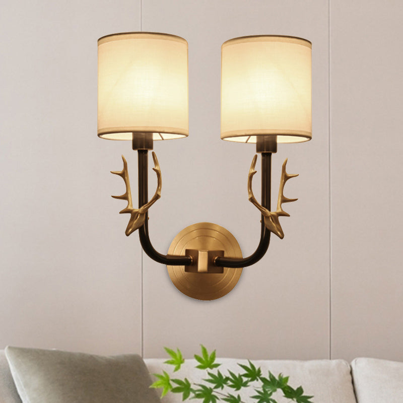 Modern 1/2 Lights Wall Sconce with Fabric Shade - Black/Gold Cylinder Wall Mount Fixture featuring Metal Antler