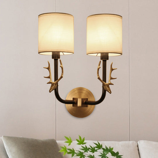 Modern 1/2 Lights Wall Sconce with Fabric Shade - Black/Gold Cylinder Wall Mount Fixture featuring Metal Antler