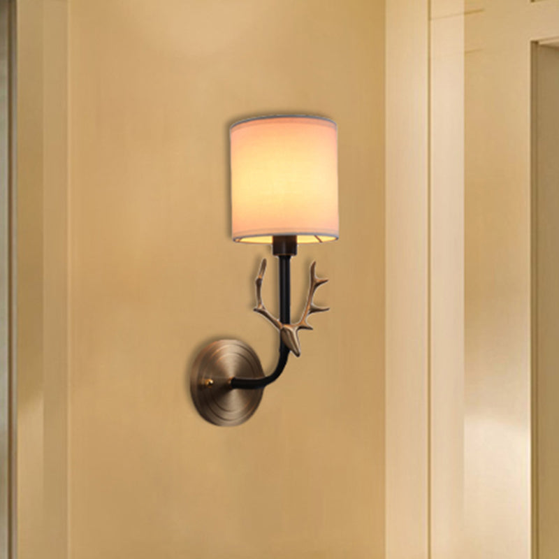 Modern 1/2 Lights Wall Sconce with Fabric Shade - Black/Gold Cylinder Wall Mount Fixture featuring Metal Antler