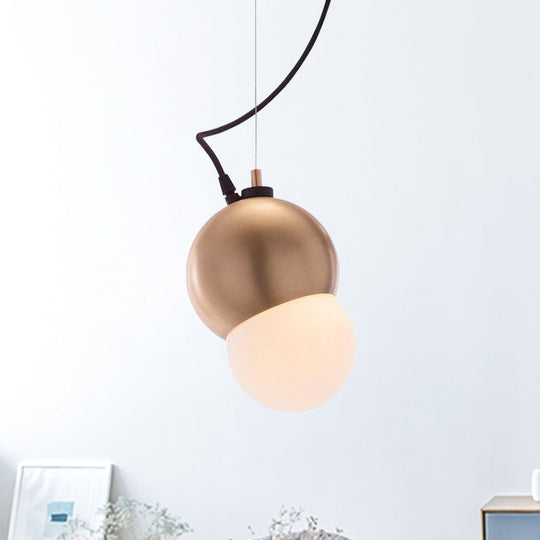 Modern Metal Dome Hanging Pendant Light with Golden Frame and White Glass Shade