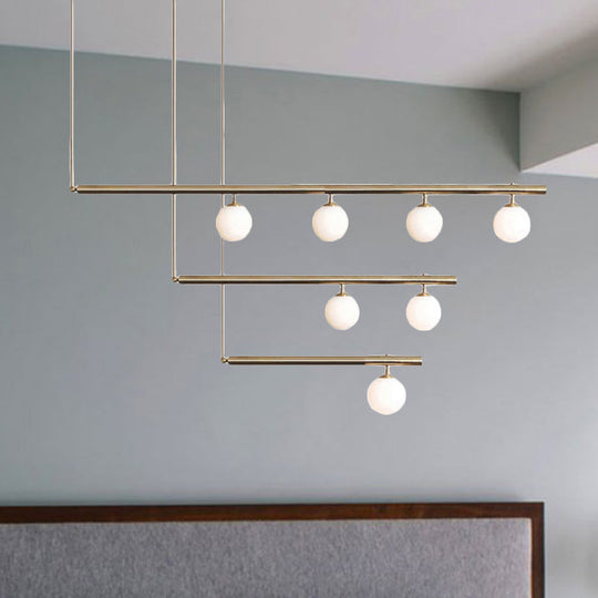 Modern Brass Pendant Light with Orbit Shade: Linear Office Chandelier (3/6/7 Lights)