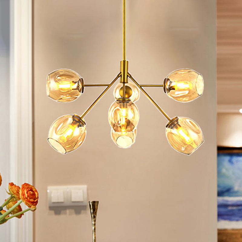 Modern Gold Hanging Lamp with Amber Glass Shade - 7/9/13 Lights Branch Chandelier