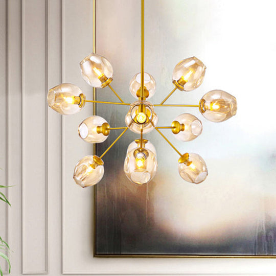 Modern Gold Hanging Lamp with Amber Glass Shade - 7/9/13 Lights Branch Chandelier