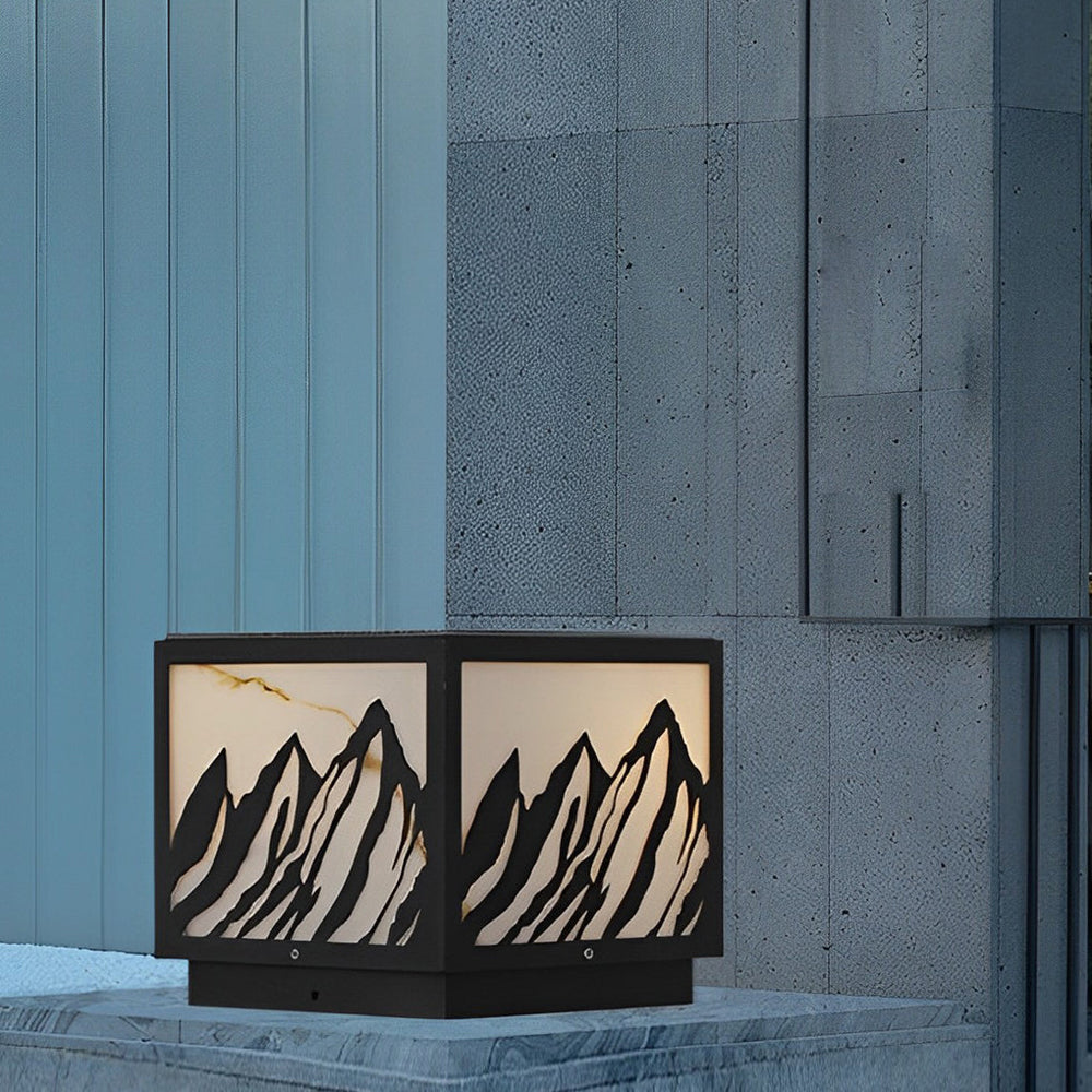 Black Solar LED Fence Post Light with Mountain Pattern Design