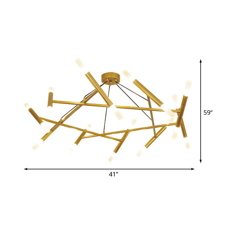 Contemporary Brass LED Cluster Pendant Light with Metallic Slim Tube and 20 Bulbs