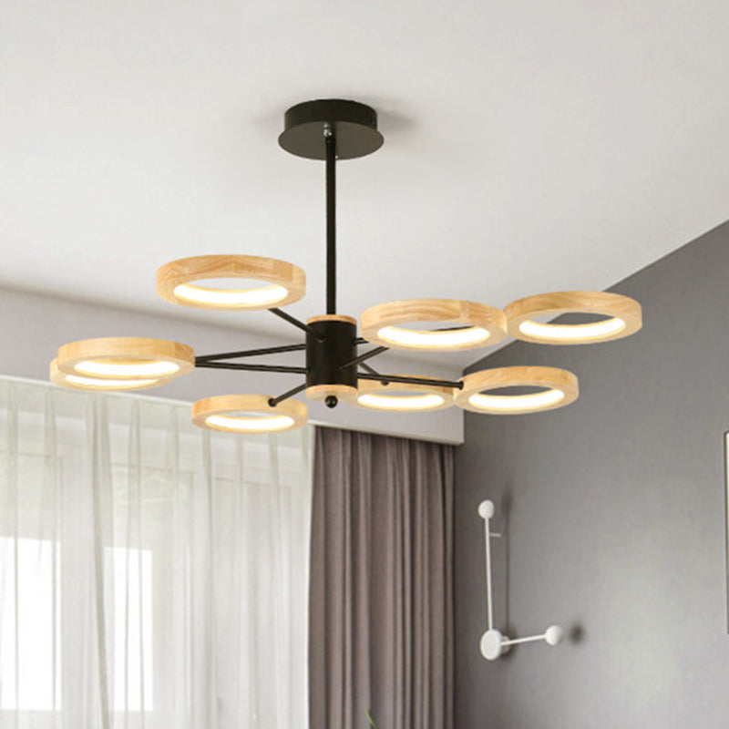 Modern Wood Sputnik Chandelier Pendant Light - 3/5/6 Lights - Black LED Hanging Ceiling Lamp in Natural Light