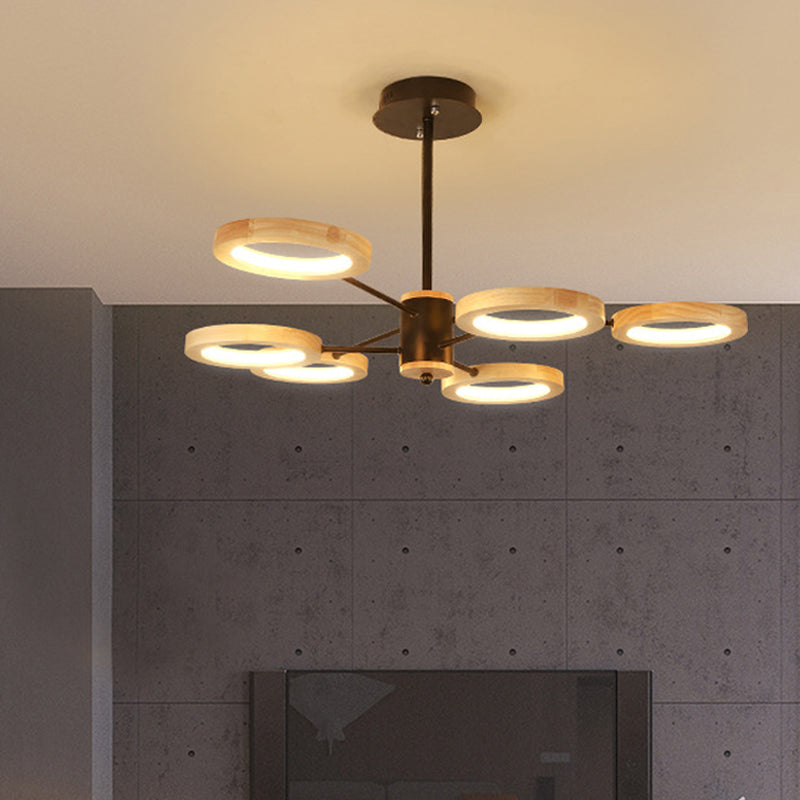 Modern Wood Sputnik Chandelier Pendant Light - 3/5/6 Lights - Black LED Hanging Ceiling Lamp in Natural Light