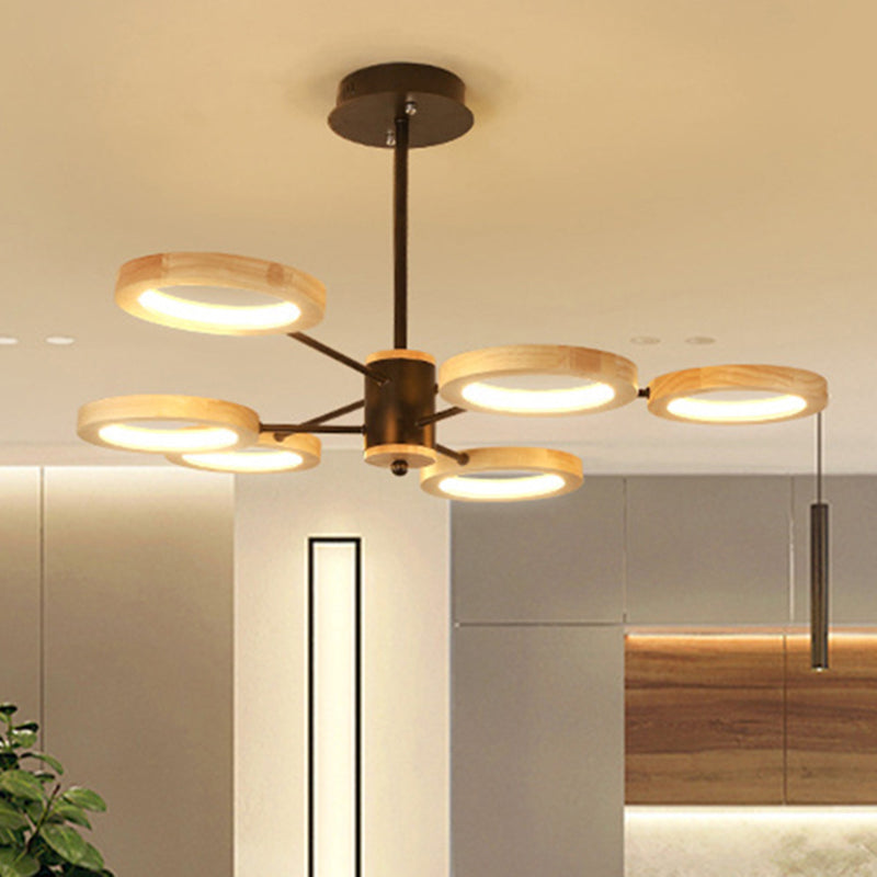Modern Wood Sputnik Chandelier Pendant Light - 3/5/6 Lights - Black LED Hanging Ceiling Lamp in Natural Light