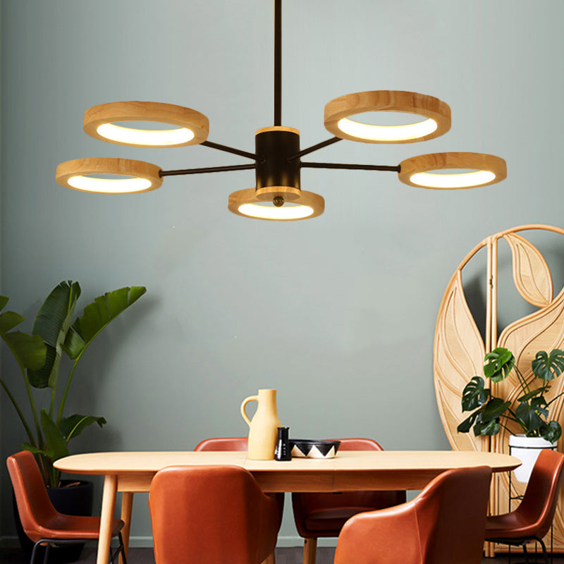 Modern Wood Sputnik Chandelier Pendant Light - 3/5/6 Lights - Black LED Hanging Ceiling Lamp in Natural Light