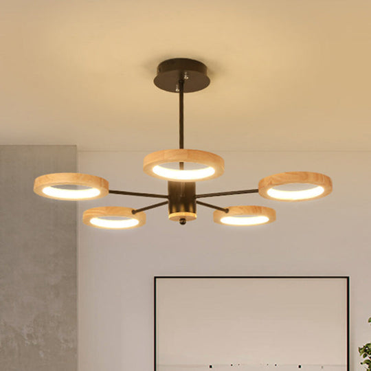 Modern Wood Sputnik Chandelier Pendant Light - 3/5/6 Lights - Black LED Hanging Ceiling Lamp in Natural Light