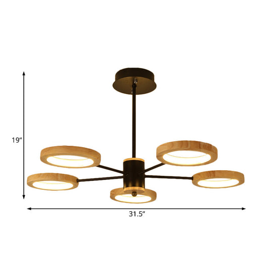 Modern Wood Sputnik Chandelier Pendant Light - 3/5/6 Lights - Black LED Hanging Ceiling Lamp in Natural Light