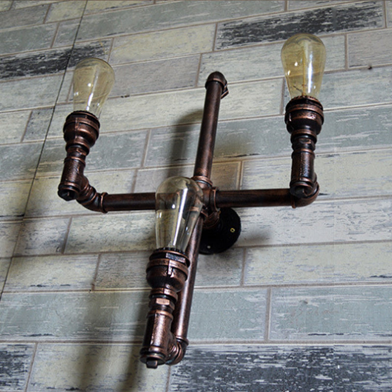 Rustic Farmhouse Pipe Sconce: 3-Bulb Wall-Mounted Lamp with Metallic Finish