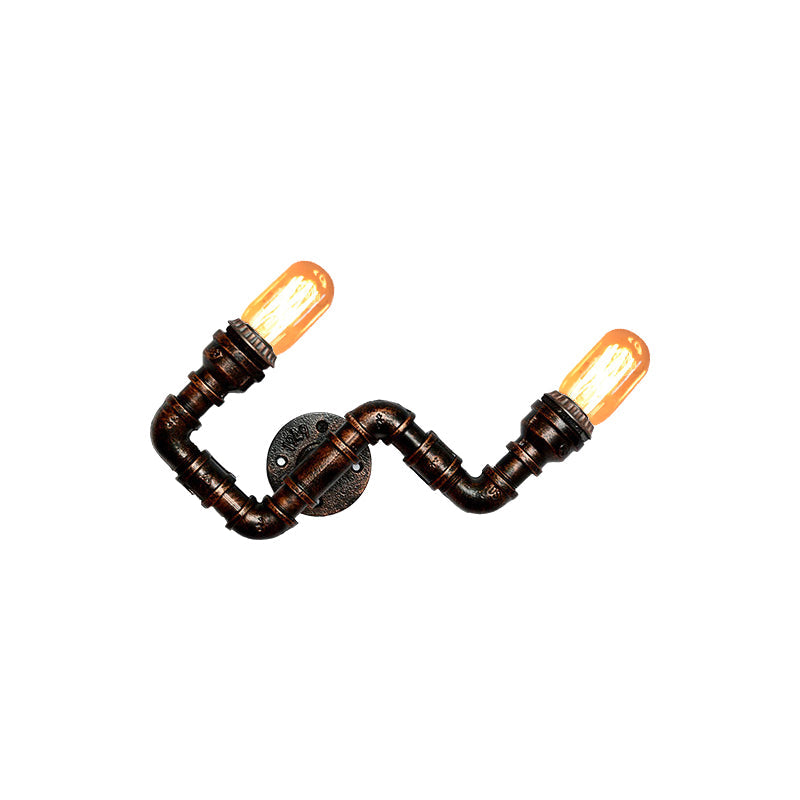 Metallic Curved Arm Sconce Lighting Fixture: 2-Head Industrial Hallway Wall Lamp in Rust
