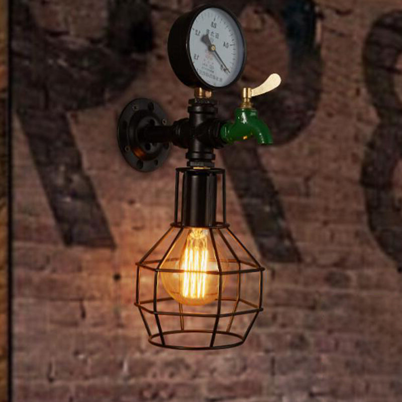 Vintage Wire Cage Wall Sconce Light - Black Metal Wall Mounted Lamp Fixture with Water Tap and Gauge Deco