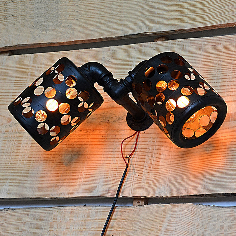 Cylinder Outdoor Wall Sconce - Antiqued Iron 2 Heads, Black Finish, with Hollow Out Design