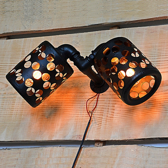 Cylinder Outdoor Wall Sconce - Antiqued Iron 2 Heads, Black Finish, with Hollow Out Design