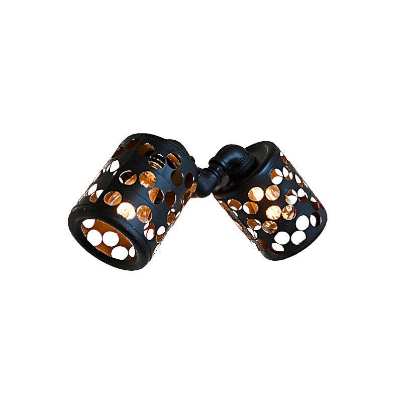 Cylinder Outdoor Wall Sconce - Antiqued Iron 2 Heads, Black Finish, with Hollow Out Design