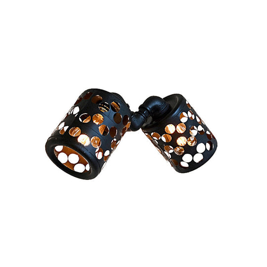 Cylinder Outdoor Wall Sconce - Antiqued Iron 2 Heads, Black Finish, with Hollow Out Design