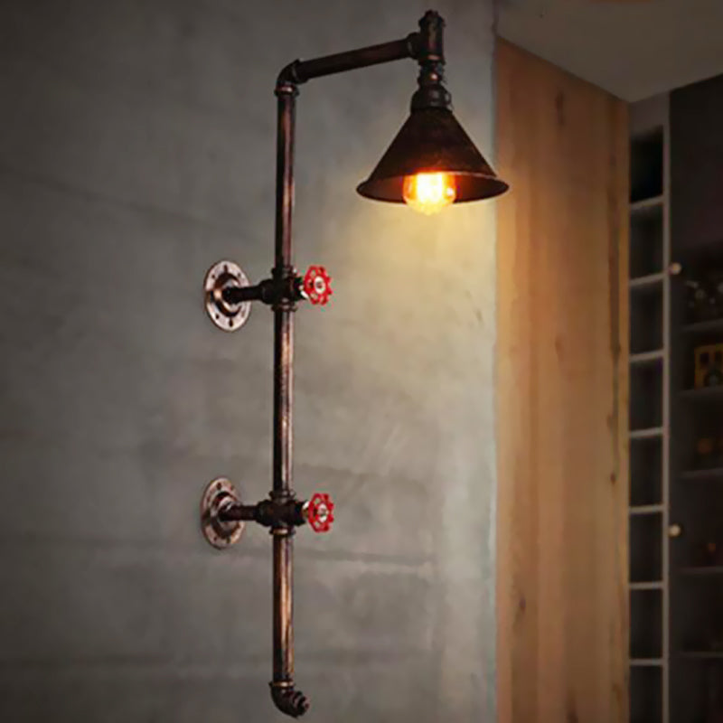 Vintage Black Pencil Arm Sconce Light Fixture: 1-Bulb Corridor Wall Mount Pipe Lamp with Valve Deco