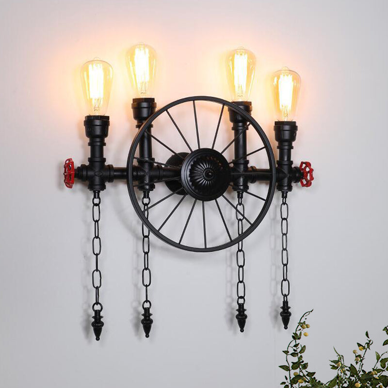 Farmhouse 4-Light Wheel Metal Wall Sconce in Black with Chain