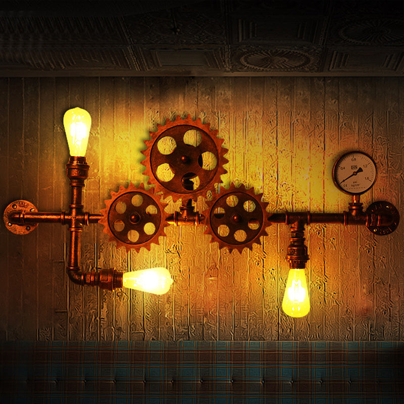 Industrial Rustic Gear Sconce Lamp: Metallic Wall Mount Light with 3 Bulbs for Living Room