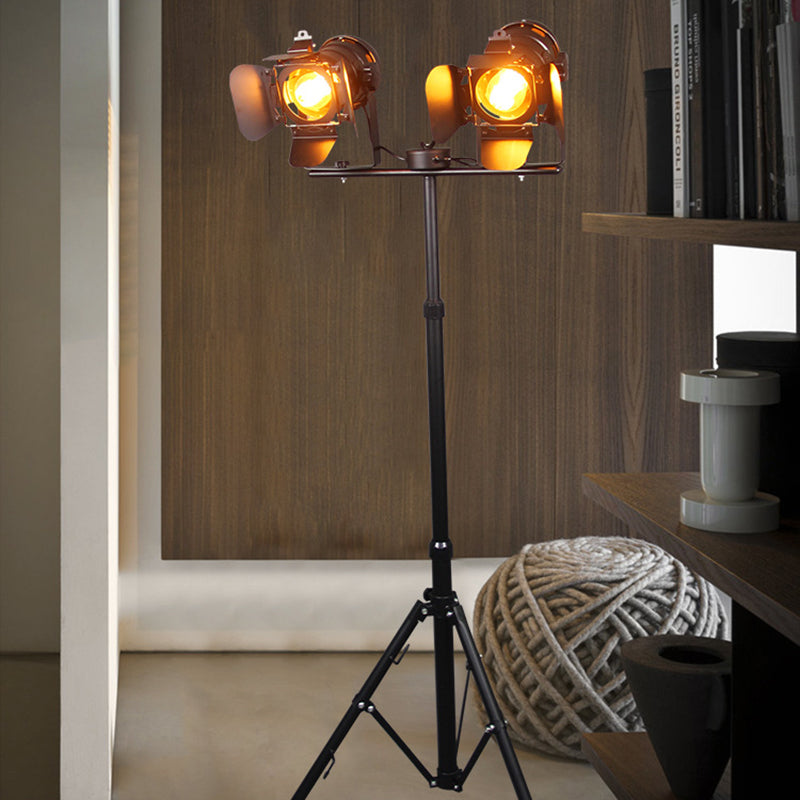 Industrial Metal Tripod Floor Lamp with 2 Lights - Black/Red Shades - Ideal for Living Room