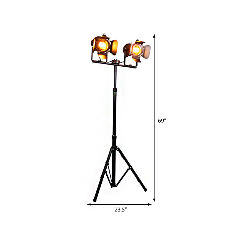 Industrial Metal Tripod Floor Lamp with 2 Lights - Black/Red Shades - Ideal for Living Room