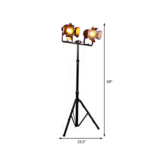 Industrial Metal Tripod Floor Lamp with 2 Lights - Black/Red Shades - Ideal for Living Room