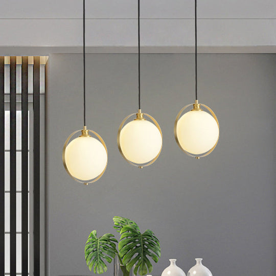 Simple White Frosted Glass Pendant Light with Brass Ring - Global Suspended Lamp for Bedside or Ceiling, 1 Bulb